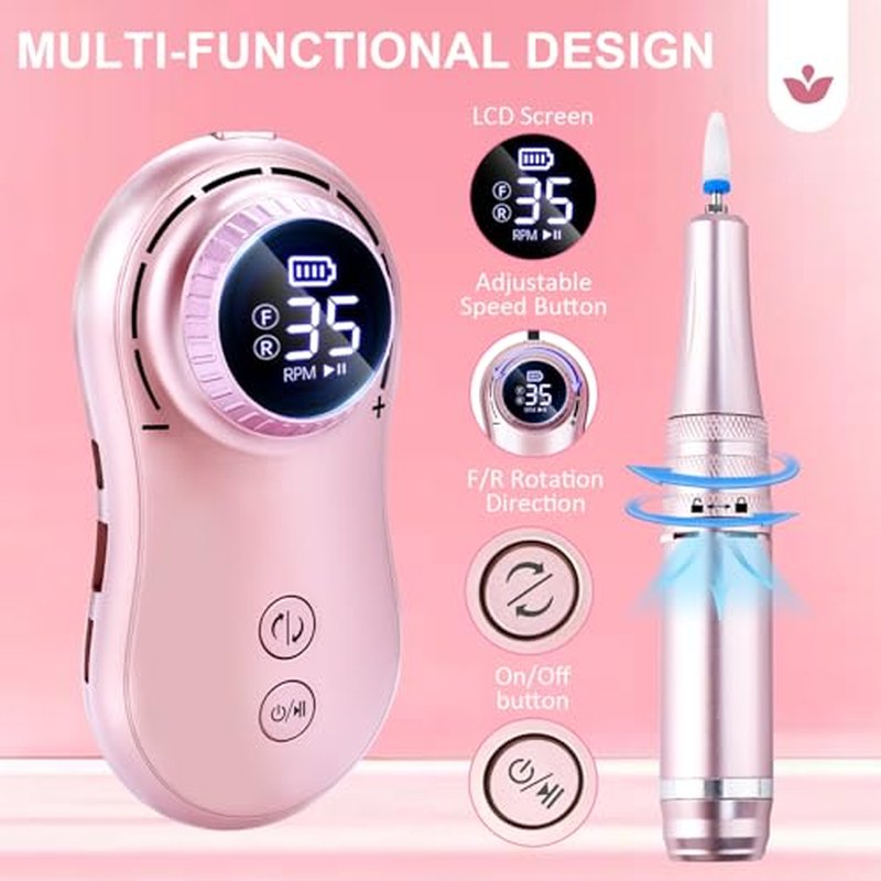 Professional Electric Nail Drill LEDSUUEI: 35000RPM Powerful Electric Nail File Portable Nail Drill with 13 Drill Bits Rechargeable Efile for Acrylic Gel Nails Removing Manicure Pedicure Salon