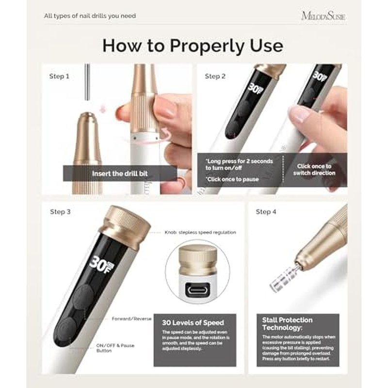 MelodySusie Pen-Shaped Cordless Nail Drill with Adjustable Stepless Speed,SM180F 30000RPM Portable Rechargeable E-File with LED Display for All Manicure Shaping & Acrylic Gel Removal for Pro at Home
