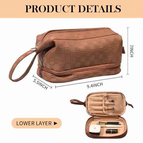 Abiudeng Large Capacity Makeup Bag Ladies Cosmetic Bag Travel Bag with Compartments Portable PU Leather Travel Makeup Bag with Handle