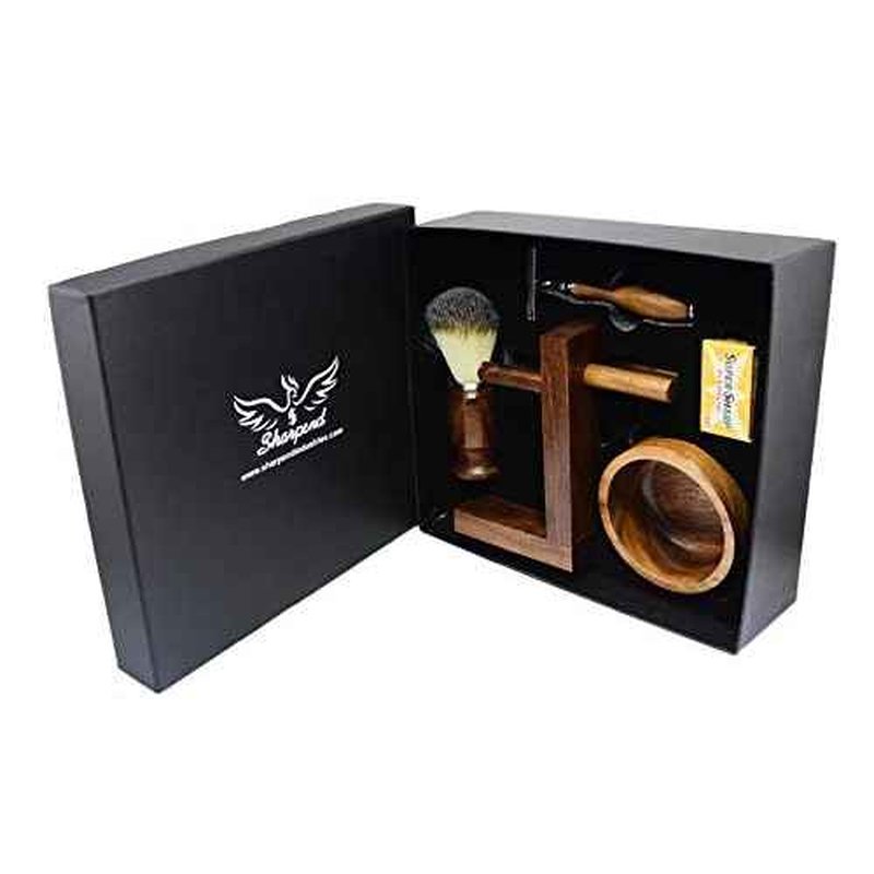 Safety Razor Shaving Kit, Double Edge Razor Blades,Hair shaving Brush wood Handle, Wood Shaving Bowl And Shaving Stand Kit, Wet Shave Grooming Set for Men Best shaving set Gift For Gentleman