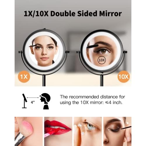 Benbilry 10X Magnifying Lighted Makeup Mirror, 7 Inch Double Sided 1X/10X Magnification with Lights, 360¡Æ Rotation Swivel Travel Make Up Mirror with Lighting, Battery Operated Black