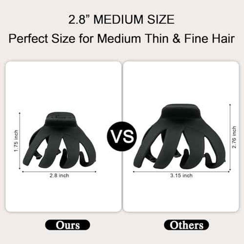 2.8" Medium Octopus Hair Clips for Women, Matte Claw Clips for Thin Hair, 90' Strong Hold Non-slip Spider Octopus Clip for Fine Hair Jaw Clips (Black & Tortoise)