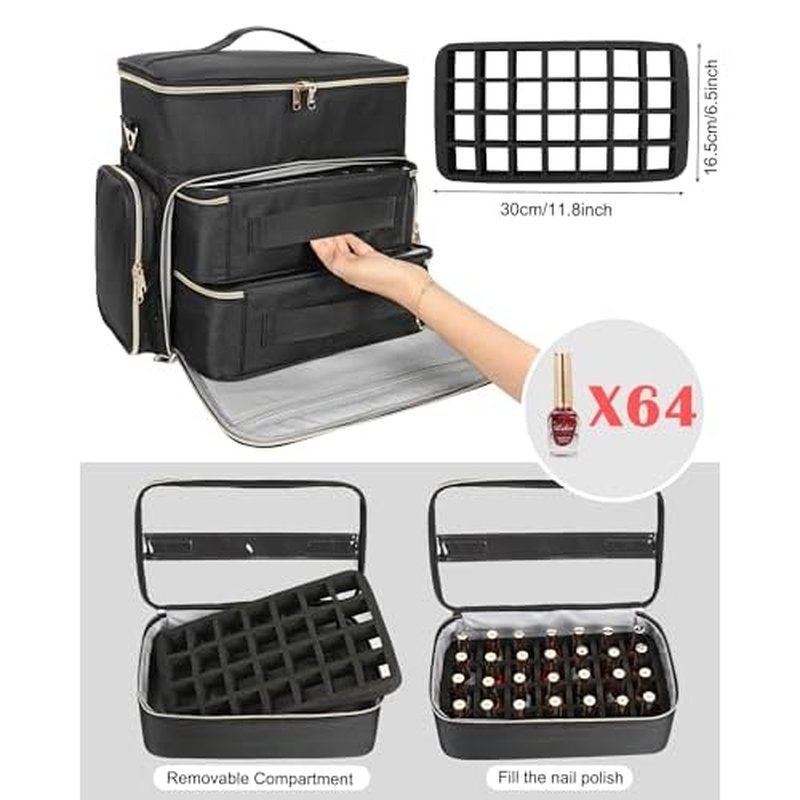 Nail Polish Organizer Case, Large Nail Polish Holder Hold 64 Bottles (15ml/0.5 fl.oz), Large Capacity for Nail Polish, Nail Lamp, Nail Art Accessories, 3 in 1 Storage Bags