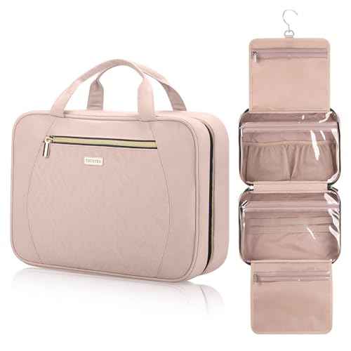 Hanging Toiletry Bag for Women Travel, 2 Sizes Large & Small Waterproof Cosmetic Organizer with 4 Compartments, Rotating Hook, Foldable Pink Travel Bag for Toiletries & Makeup - Medium Pink