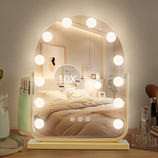 Vanity Mirror with Lights,17.3"¡¿13" Lighted Makeup Mirror with 12 Dimmable LED Bulbs,10X Magnification Smart Touch Control Hollywood Mirror with Lights,3 Colors Dimmable,360¡Æ Rotation (Gold)