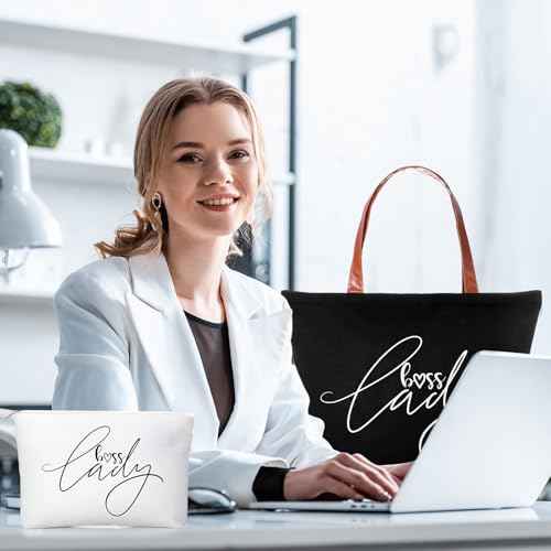 Sieral 2 Pcs Boss Lady Gifts for Women Bosses Day Lady Tote Bag with Zipper Makeup Bag Christmas Appreciation Gifts for Women Female Leader Coworker Colleague Birthday
