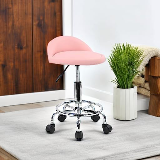 PU Leather Round Rolling Stool - Height Adjustable Swivel Drafting Chair with Foot Rest | Pink