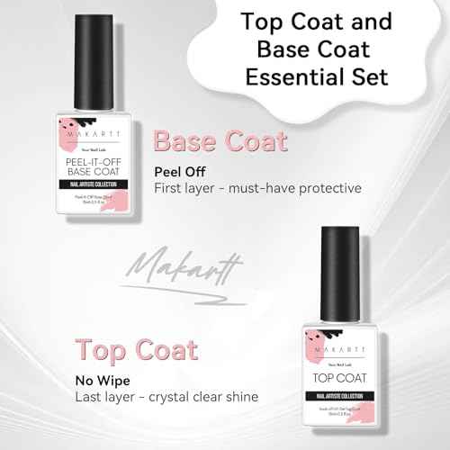 Makartt 15ml No Wipe Gel Top Coat and Peel Off Base Coat Set - 2Pcs Shine Finish Long Lasting No Filing Soak Off Clear Top Base Gel, UV LED Nail Lamp Required, for Women Nail Art DIY