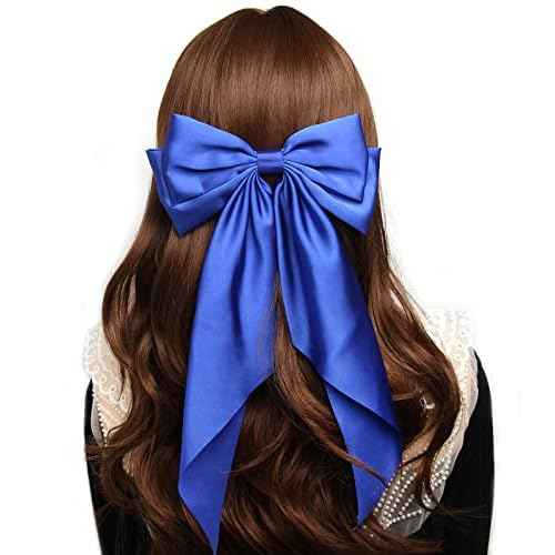 Furling Pompoms Hair Bows for Women,Large Satin Silky Hair Bow Clips Ribbon Long Tail French Barrette Hair Clamps Girls Hair Accessories Party Wedding Christmas Thanksgiving (Popular Colors)