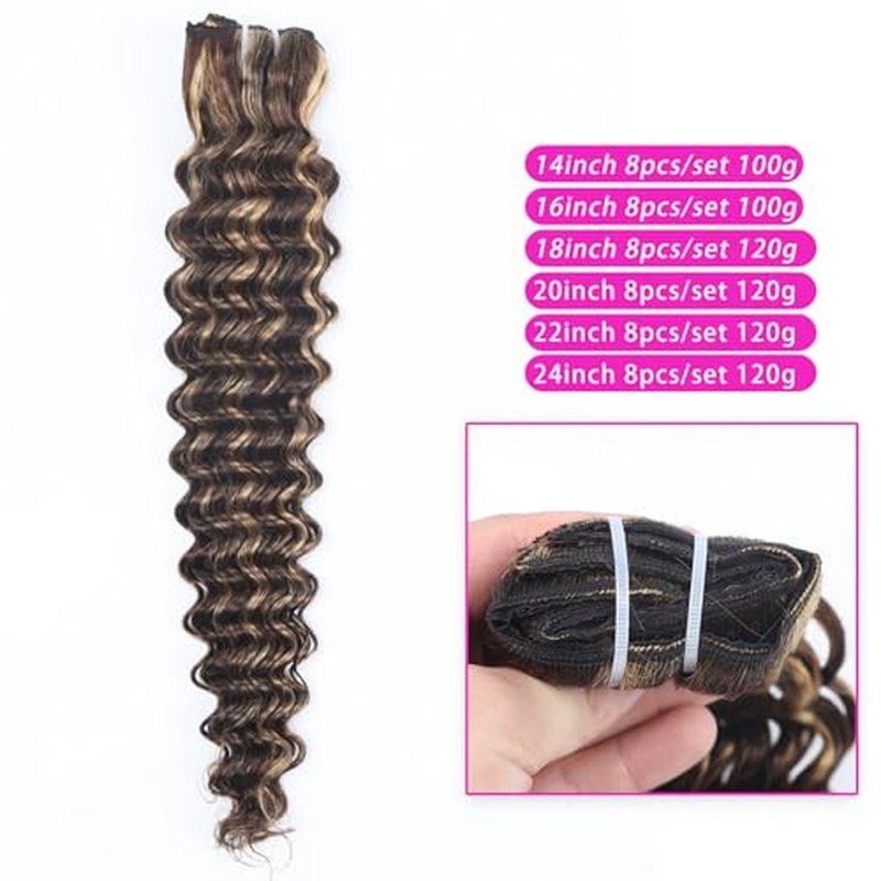 Curly Clip in Hair Extensions Real Human Hair 18inch 120g Invisible & Seamless 100% Brazilian Remy Human Extension Deep Wave Clip ins Extensions Double Weft 8 PCS with 20 Clips Highlight P427