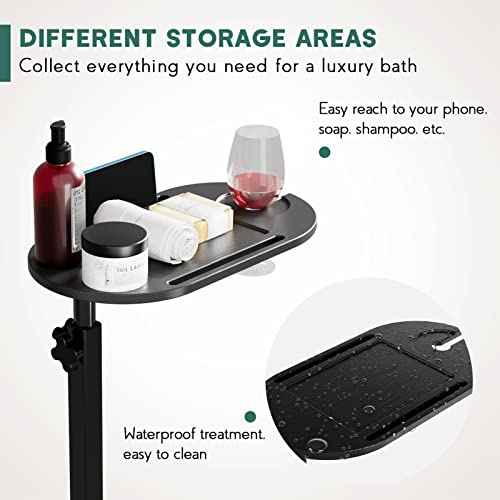 Bamboo Bathtub Tray Table with Adjustable Height, Freestanding Bathtub Caddy for Tub Against Wall, Tub Organizer Suitable for Luxury Spa and House Warming - Patent Protected (Black)