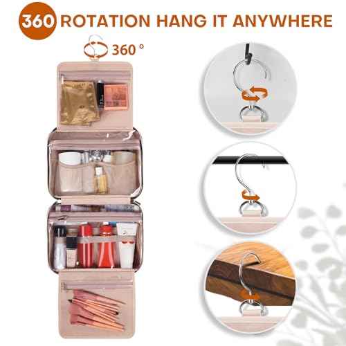 Hanging Toiletry Bag for Women Travel, 2 Sizes Large & Small Waterproof Cosmetic Organizer with 4 Compartments, Rotating Hook, Foldable Pink Travel Bag for Toiletries & Makeup - Medium Pink