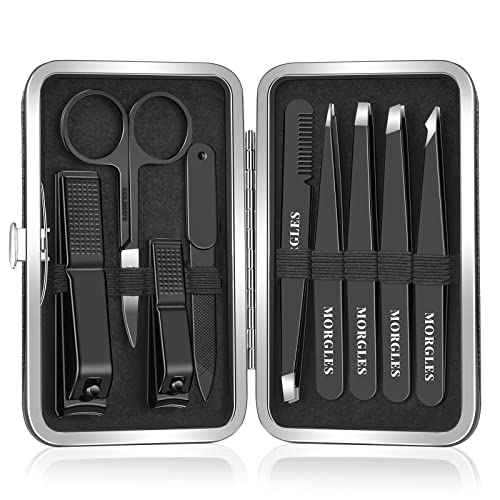MORGLES Tweezers Set and Nail Clippers, 9 Pcs Stainless Steel Tweezers Kit for Men Professional Manicure Set for Men Grooming Kit With Leather Travel Case