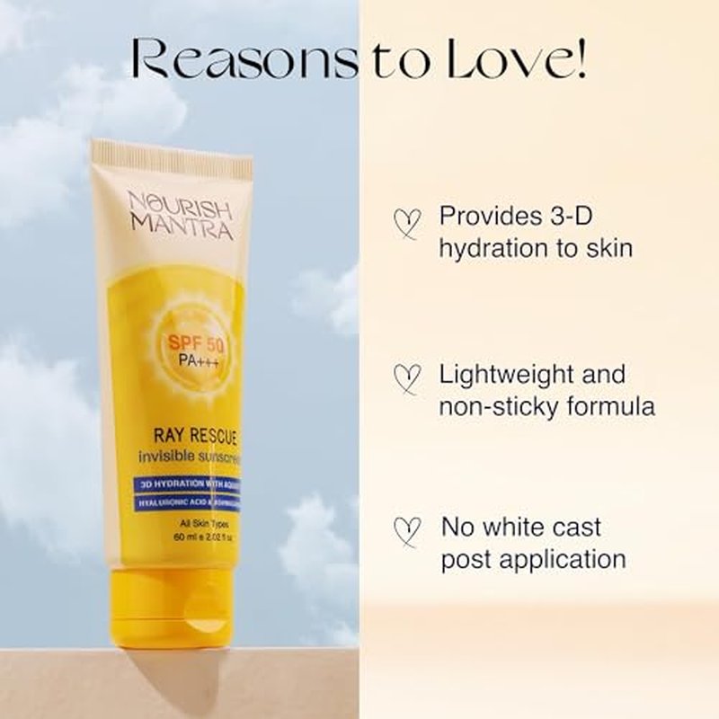 NOURISH MANTRA Ray Rescue Sunscreen/Sunscreen SPF 50/ With Hyaluronic Acid, Aquaxyl, Aloe Vera Extracts & Ashwagandha Extracts/No White Cast, (60 ml (Pack of 1))
