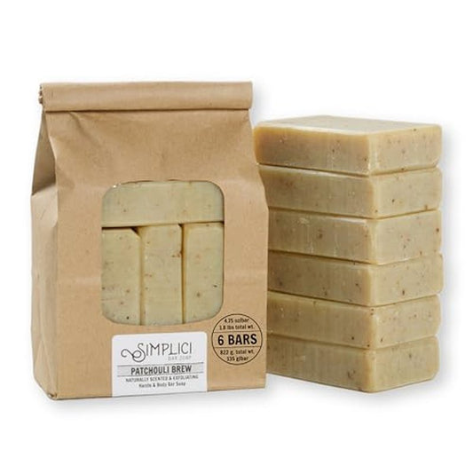 Simplici Patchouli Brew Natural Soap (exfoliating + pure essential oils) 6 Bar Value Bag. Palm Free.