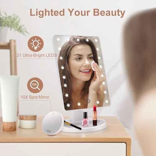 COSMIRROR Lighted Makeup Vanity Mirror with 10X Magnifying Mirror, 21 LED Lighted Mirror with Touch Sensor Dimming, 180¡ÆAdjustable Rotation, Dual Power Supply, Portable Cosmetic Mirror (White)