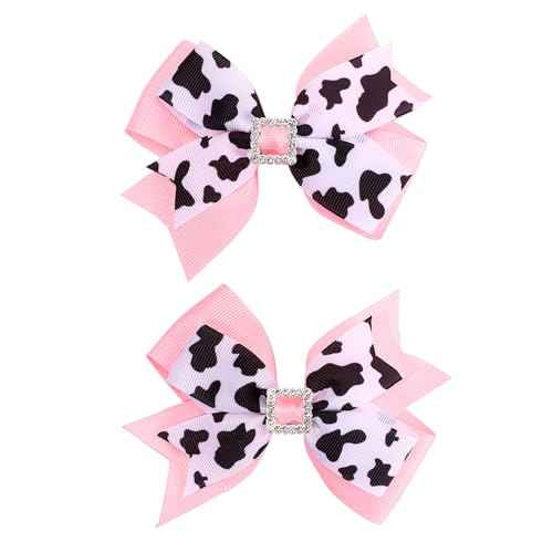 2 Pcs Pink Cow Hair Bow Clips, 4.3 Inch Animal Print Ribbon Bowknot Alligator Barrettes, Cute Print Hairpins Bows Barrettes for Cowgirls Theme Birthday Party Dress Outfit Costume Decor Accessories