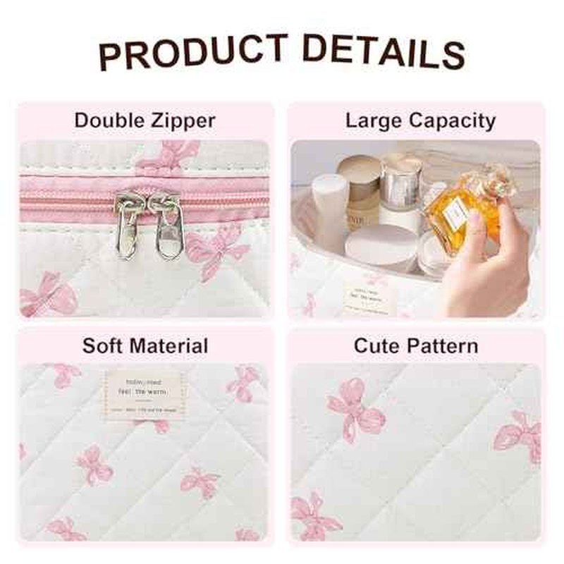Makeup Bag, Quilted Bow Cosmetic Bag, Large Travel Aesthetic Make up Bag, Cute Coquette Toiletry Bag for Women Girls