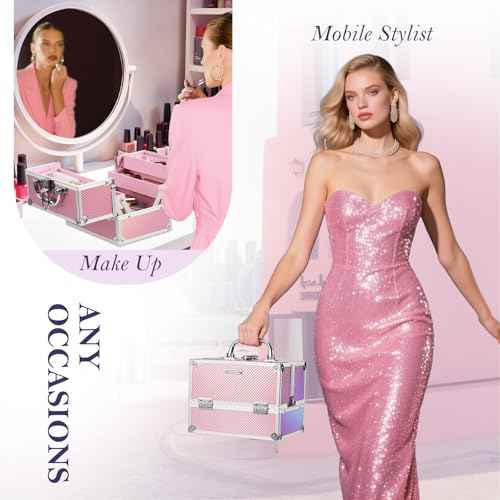 FRENESSA Makeup Train Case 8.85 Inch Portable Makeup Case Organizer Cosmetic Box Make Up Box Makeup Organizer Cosmetic Storage Cases with Locking Nail Kit Organizer Small Travel Case Mermaid Pink