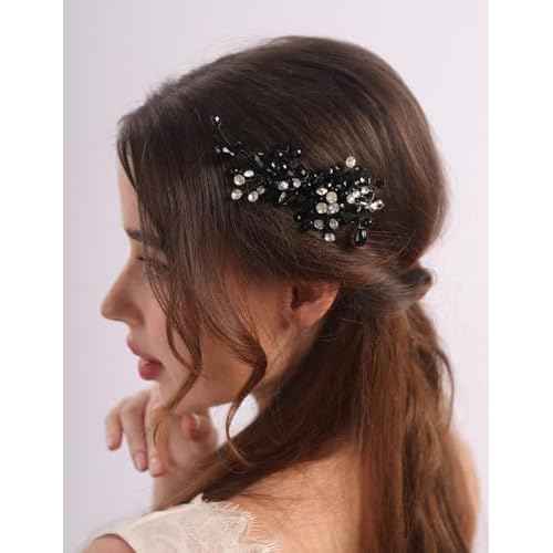 Teyglen Bridal Rhinestone Hair Clip Black Pearl Crystal Hair Barrette Sparkly Hair Piece Wedding Hair Clips Hair Accessories Jewelry for Women (Black)