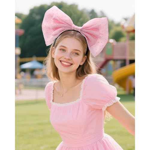 Big Pink Bow Headband - Cute Glitter Bows Headpiece for Women Girls, Fashion Bowknot Hair Accessories for Birthday Halloween Christmas Cosplay Party Costume Derss Up