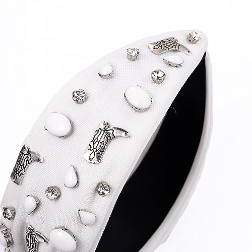 Crystal Knotted Headbands for Women Let's Go Girls Turquoise Cowgirl Boot Headband Rhinestone Embellished Top Knot Hairband Western Country Cowboy Shoe Wide Turban Hair Hoop (D White Cowgirl Boot)