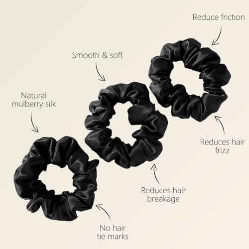 ZIMASILK 100% Mulberry Silk Hair Scrunchies, Best For Women And Girls¡¯ Hair 19 Momme Elastic Hair Bands for Ponytail Holder Gentle And No hurt (3 Pack, Black)