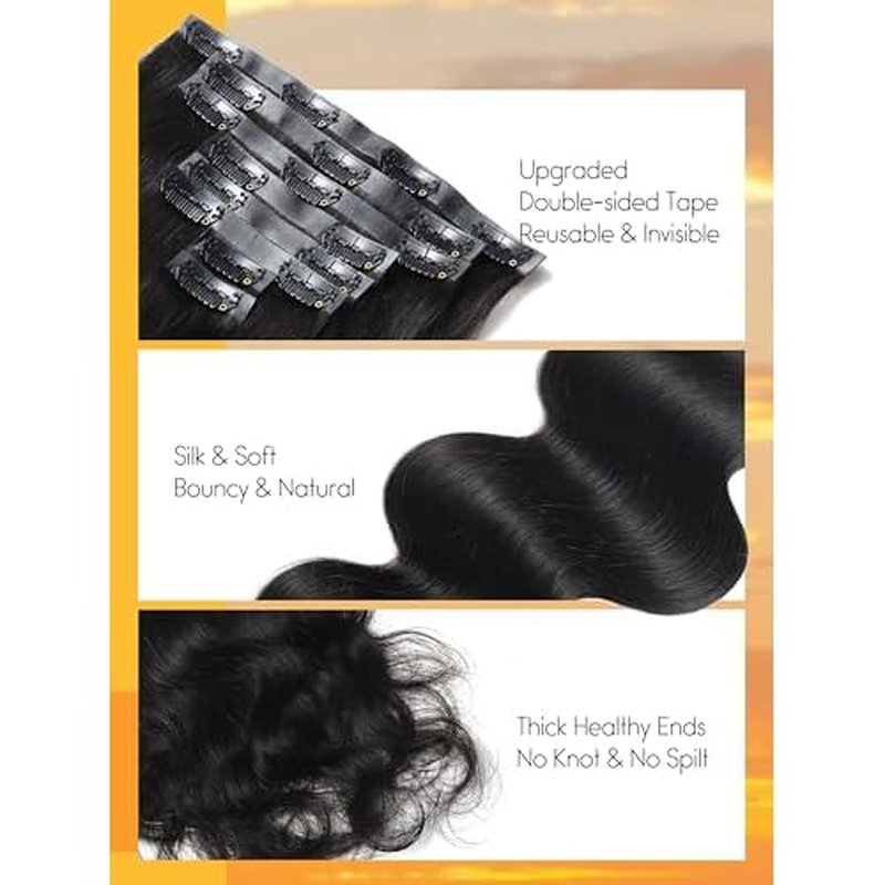 Caliee 16 Inch Body Wave Clip in Hair Extensions Real Human Hair Invisible Skin Weft Virgin Human Hair Soft 8Pcs 115G Natural Black Body Wave Clip ins Human Hair
