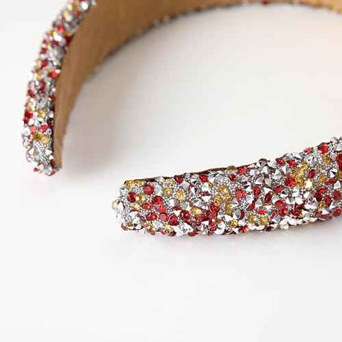 Silver Diamond Rhinestone Headbands for Women Girls Bling Sparkle Beaded Crystal Headband Jeweled Thick Padded Hairband Non Slip Glitter Hair Hoop B-(Red & Yellow)