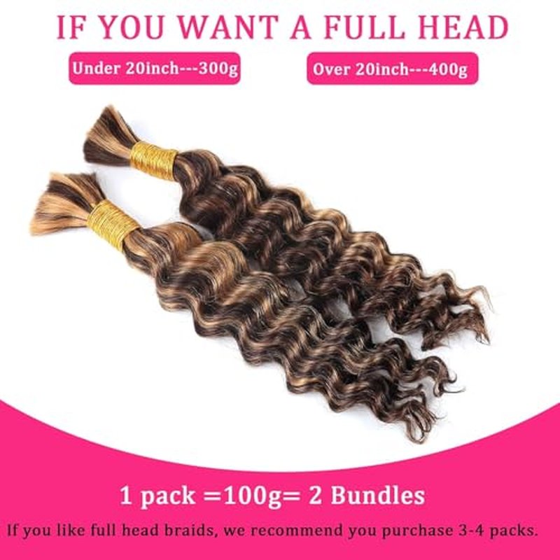 Deep Wave Human Braiding Hair for Boho Braids Highligth Bulk Human Hair for Braiding Brazilian Wet and Wavy Curly Human Hair Braiding Hair Extensions No Weft Bundles for Braiding 20inch 2 Bundles 100g