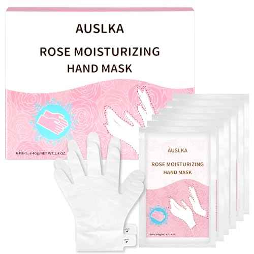 AUSLKA Hand Mask Moisturizing Glove 6 Pairs, Hand Care Moisturizing Gloves with Shea Butter, Hydrating Hand Masks, Hand Peeling Mask for Dry& Dead Skin, Men Women (Rose)