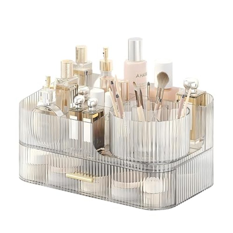 DASITON Makeup Organizer with Drawers and Rotating Makeup Brush Holder,Large Capacity Stackable Cosmetic Organizer Countertop,Bathroom Organizers and Storage,Make up Organizers for Vanity (Clear 02)