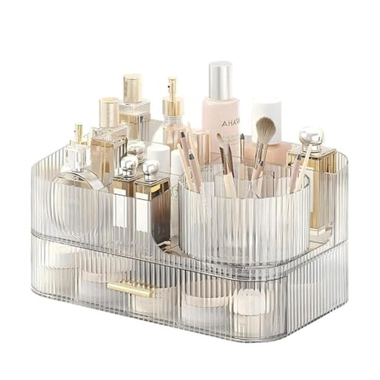 DASITON Makeup Organizer with Drawers and Rotating Makeup Brush Holder,Large Capacity Stackable Cosmetic Organizer Countertop,Bathroom Organizers and Storage,Make up Organizers for Vanity (Clear 02)
