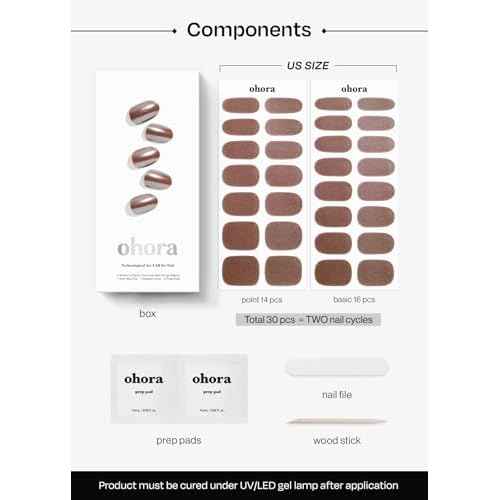 ohora Semi Cured Gel Nail Strips (N Chocolate Chrome) - Works with Any Nail Lamps, Salon-Quality, Long Lasting, Easy to Apply & Remove - Includes 2 Prep Pads, Nail File & Wooden Stick