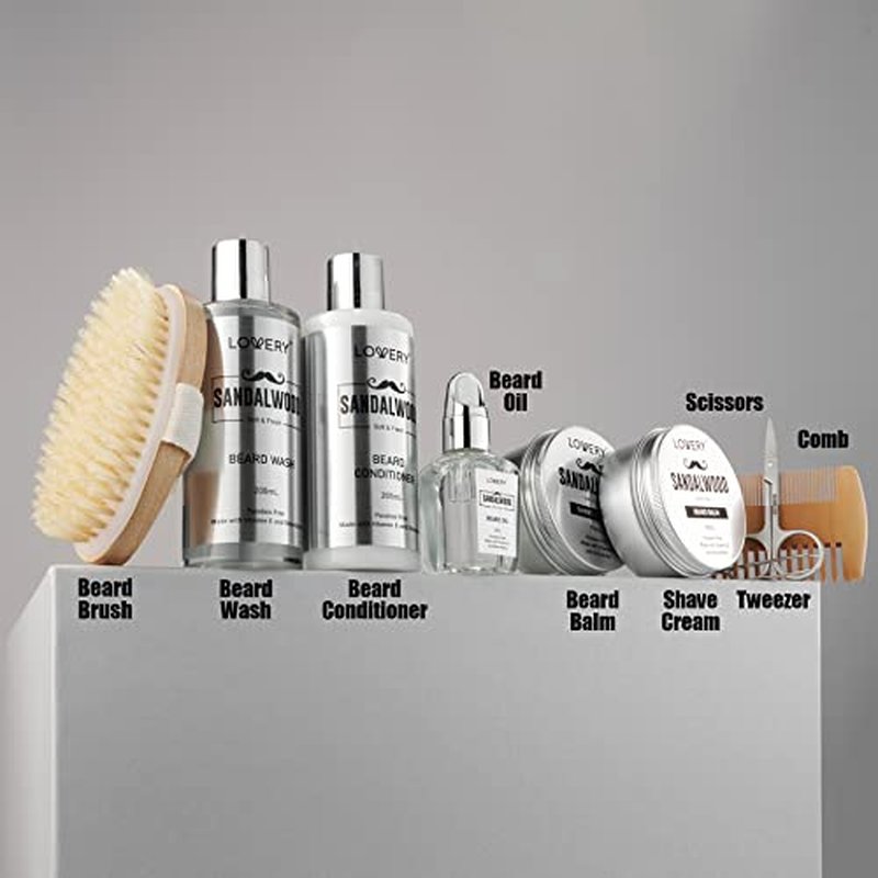 Christmas Mens Gifts, Sandalwood Beard Grooming Kit, Mens Grooming Kit for Boyfriend Dad, Him, 11pc Beard Straightener for Men Beard Care, Beard Growth and Trimming Gift, Beard Wash Growth Oil & More