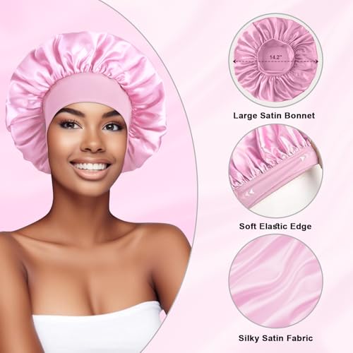 2Pcs Satin Silk Hair Bonnet for Sleeping Women,Large Bonnets with Elastic Wide Tie Band Silk Sleep Cap,Hair Wrap Night Cap with Adjustable Straps for Black Women Curly Hairs Jumbo Bonnet Braid - Pink