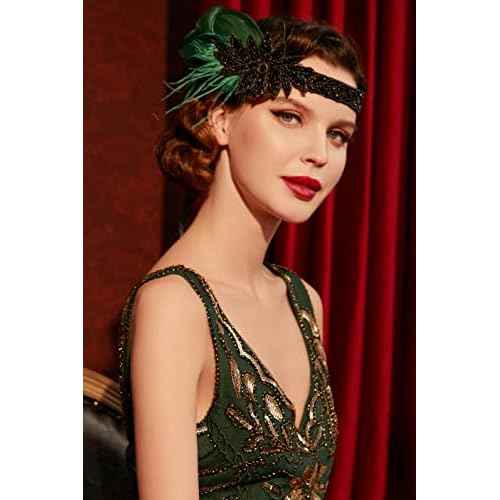 BABEYOND Vintage 1920s Flapper Headband Roaring 20s Great Gatsby Headpiece with Feather 1920s Flapper Gatsby Hair Accessories (Darkgreen)