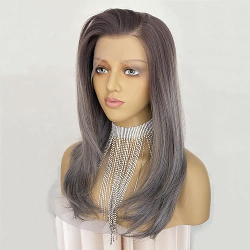 Ash Gray Brown Wig Highlight Dark Grey Color 13x4 Lace Front Wigs Layered Style Wavy Synthetic Fiber Hair 18Inch Pre Plucked for Women