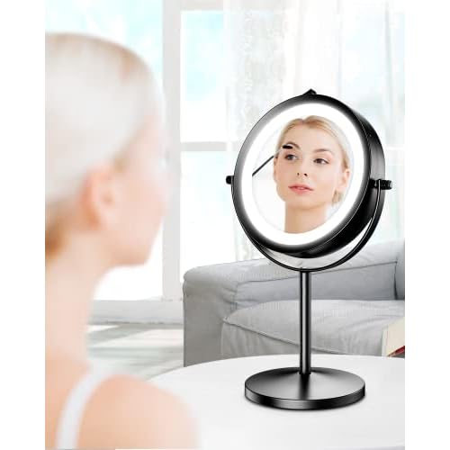 Benbilry 10X Magnifying Lighted Makeup Mirror, 7 Inch Double Sided 1X/10X Magnification with Lights, 360¡Æ Rotation Swivel Travel Make Up Mirror with Lighting, Battery Operated Black