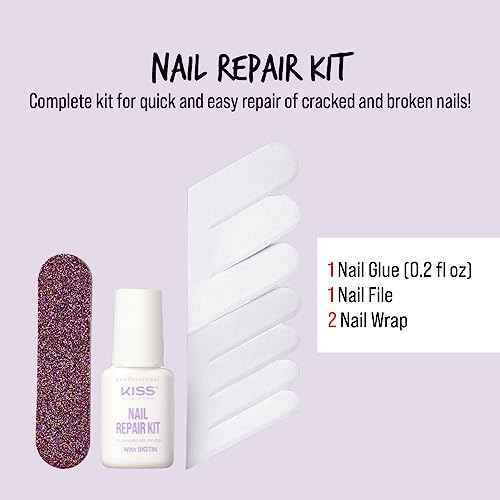Kiss New York Nail Repair Kit for Damage, Broken, Cracked and Weak Nails - Biotin Infused Glue, File, and 2 Wraps - Made in Korea