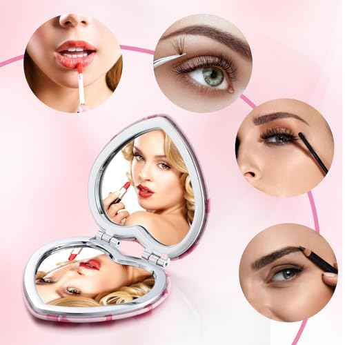Chunful 6 Pcs Coquette Pink Bow Party Favors for Girls Heart Shaped Compact Mirror Bulk 1x/2x Magnifying Portable Makeup Double Sided Travel Mirror Preppy Back to School Gifts