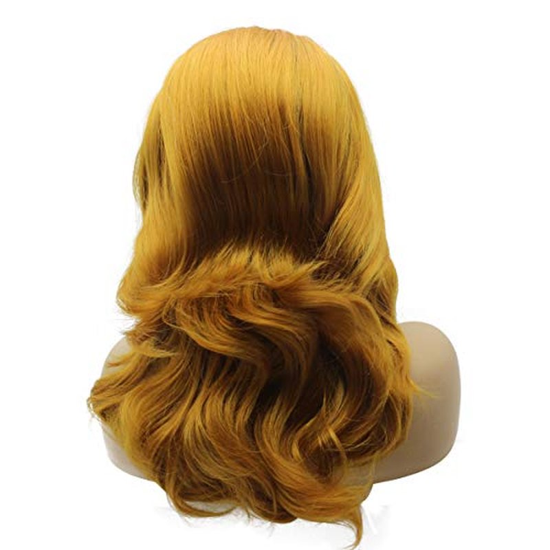 iwonawig Shoulder Length Wavy Curl Dark Roots Gold Blonde Ombre Tone Synthetic Lace Front Wig Heat Friendly Fiber