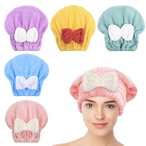 Microfiber Hair Drying Caps, 5-Pack Extra Soft and Ultra Absorbent Fast-Drying Hair Turban Wraps, Shower Caps for Girls and Women with Cute Bowtie Design£¨11" L x 10" W£©