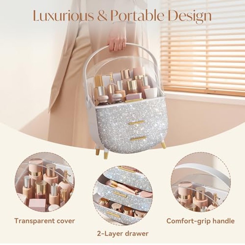 Bling Makeup Organizers, Cosmetic Display Case with Clear Cover, Vanity Makeup Organizers for Lipstick Perfume Lotion and Skincare, Silver Diamond