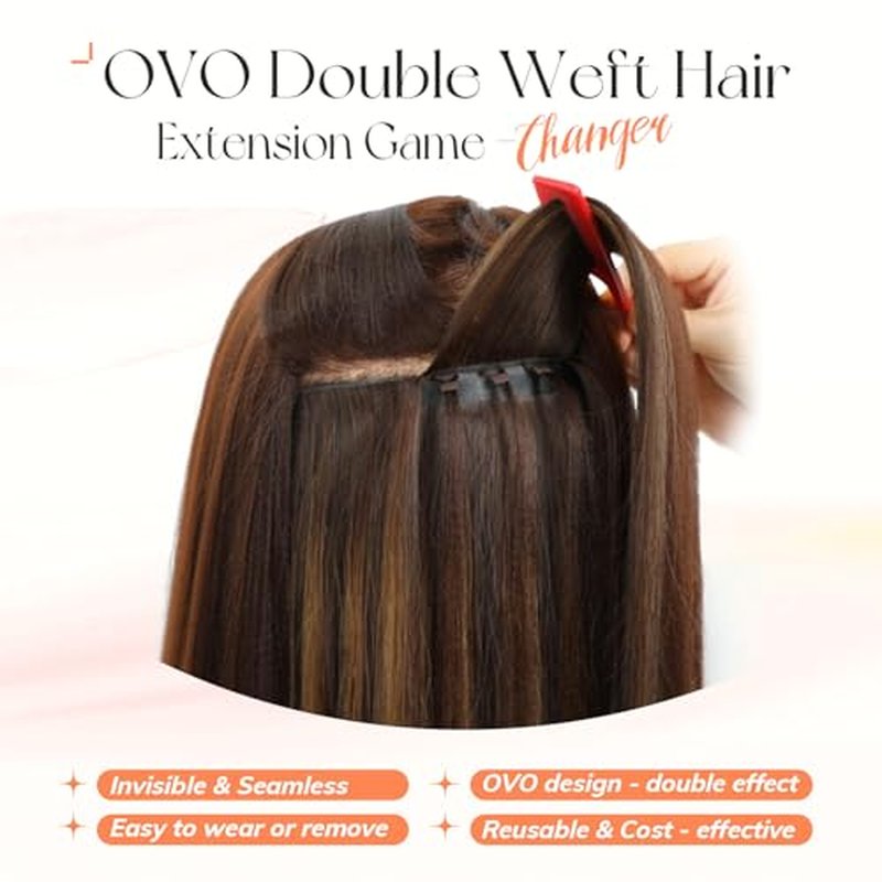 Black Hair Extensions OVO Double PU Weft Human Hair Extensions Invisible Flat Weft Extensions, Natural Looking Seamless Human Hair Extensions for Added Volume & Length