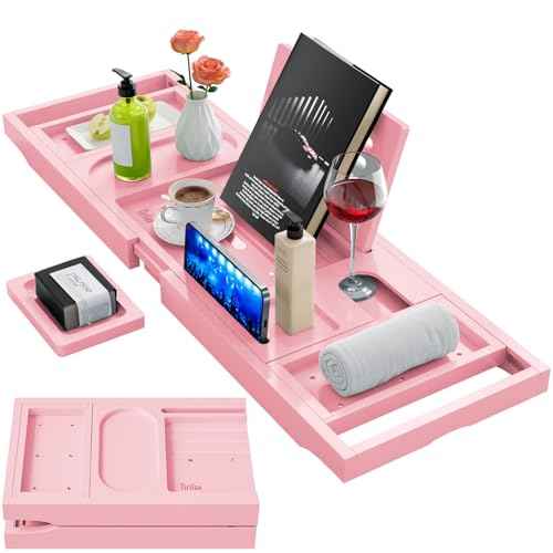 Yirilan Premium Bathtub Tray Caddy - Expandable Bath Tray - Unique House Warming Gifts, New Home, Anniversary & Wedding Gifts for Couple, Bridal Shower Gift for Women-Pink