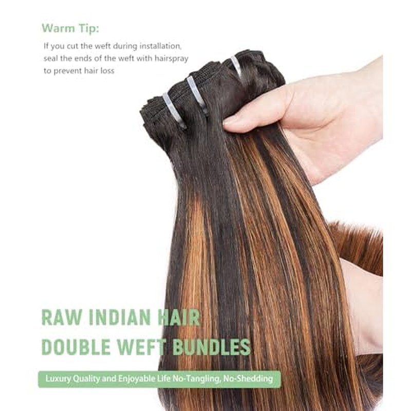 mlip Raw Bundles Human Hair Straight, No Tangle Shedding, Keep Texture Silky Soft After Multiple Washes, 15A Raw Indian Hair Bundles 12 Inches, Brown Highlight Bundles