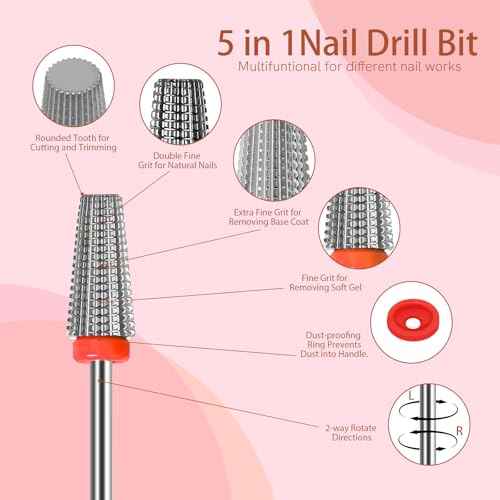 Tungsten Nail Drill Bit, 5 in 1 Carbide Tapered, 3/32" Shank, Two Way Rotate Use, for Nails Fast Removing Acrylic Nail Hard Gels Cuticle Nail Efile Bit for Nail Drill Machine (Fine, Silver)
