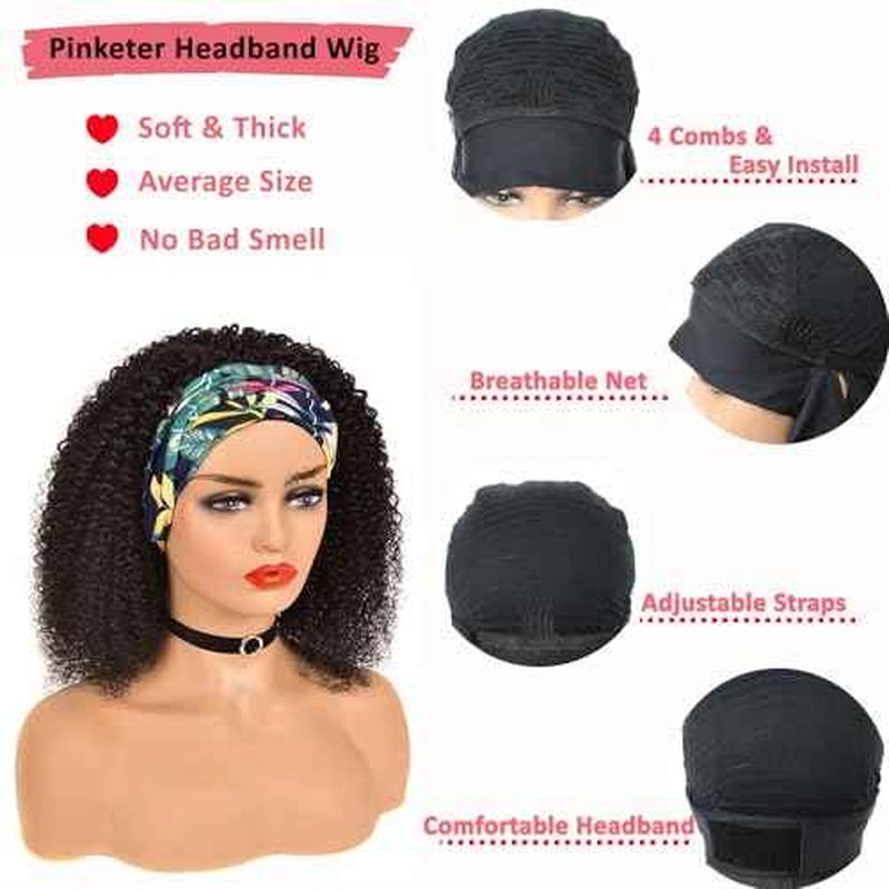 Headband Wig Human Hair Kinky Curly Headband Wigs for Black Women Non Lace Front Wig 150% Density Virgin Human Hair Wig Natural Color (Headband Wig, 28inch)