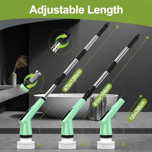 Electric Spin Scrubber, Shower Scrubber with Long Handle Adjustable, 2 Speed & 7 Replaceable Brush Heads Shower Cleaner Brush, Electric Scrubber for Cleaning Bathroom Tile Floor Bathtub Green